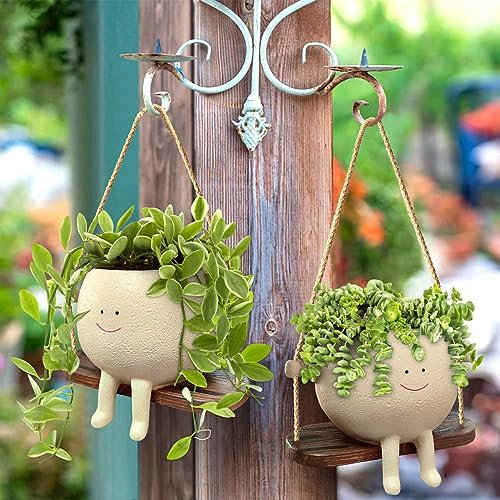 Campsie Pot De Jardinière À Visage Pivotant | Pots De Fleurs Suspendus en Résine | Pots Plants Succulentes Suspendus Mignon | avec Visage Sourire Et Balançoire | Décoration Murale pour aison