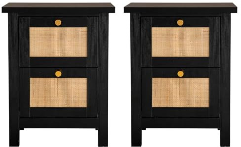 Hallowood Furniture Newquay Black Bedside Table with 2 Drawers and Rattan Front Set of 2, Wooden Storage Unit, Side Table, Lamp Table, Nightstand, Narrow Chest of Drawer for Living Room