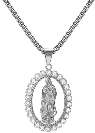 Flongo Kette jungfrau Maria silber: Halskette heilige Mary mutter gottes anhänger mit Strass Zirkonia virgen de guadalupe Oval medaille plättchen necklace edelstahl schmuck Geschenk für Damen Herren