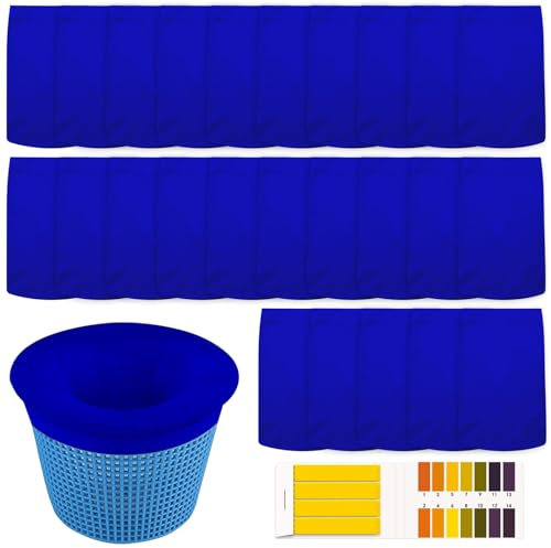 ZOCONE 40PCS Azul Calcetines Skimmer Piscina Filtro Reutilizables Calcetines Skimmer Universal con Papel de Prueba de PH Calcetines para Cesta Piscina Bolsas para Filtros para Capturar Hojas Cabello
