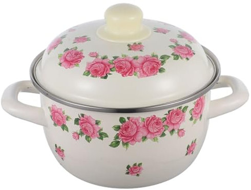 HOLIDYOYO Enamel Kochtopf Mit Deckel Und Blumenmuster Retro-geschirr Für Suppen Und Eintöpfe Gleichmäßige Wärmeverteilung Ergonomische Griffe Langlebig