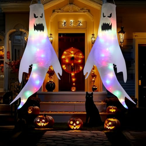 Deco Halloween Fantôme Suspendu d'halloween, Lot de 2 Décoration d'halloween Drapeaux de Manches à air fantômes en Plein Air, Accessoires de Décoration de Fête Halloween