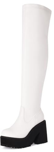 Bviennic Donna Zeppa Stivali con Plateau Tacco Alto Stivali Sopra Il Ginocchio Punta Rotonda Zip Moda Stivali da Sera, B235713Sg Bianco Numero 35 EU