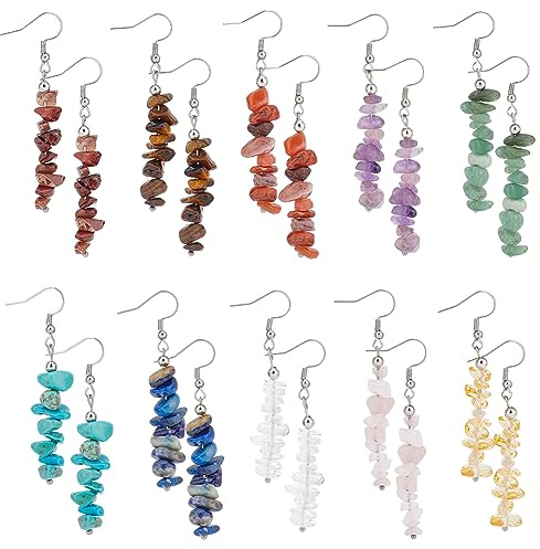 SUPERFINDINGS 10 Paar Handgefertigte Trommelstein Ohrringe Chips Stein Ohrringes Natursteine Kristall Baumeln Ohrringes für Damen Bunte Chakra Ohrringes Hochzeit Schmuck