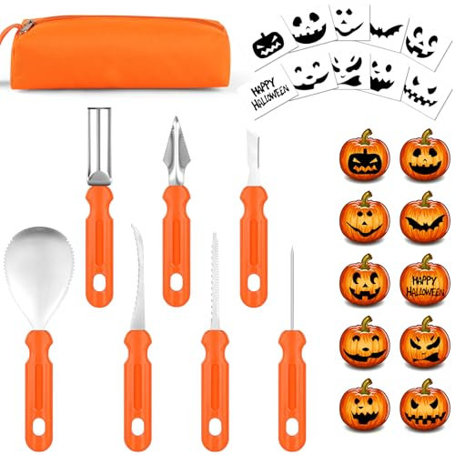 OSDUE Pumpkin Carving Kit,7 Packs Professional Pumpkin Carving Tools with Stencils and Storage Bag，Heavy Duty Stainless Steel Tools for Kids Adults Halloween Pumpkin Decorative