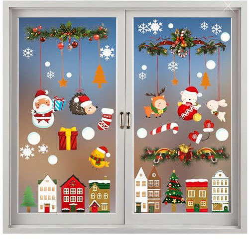 Vetrofanie Natalizie,Fogli Acquerelli Adesivi Natalizi per Finestre Riutilizzabili, Decorazioni di Natale da Finestra, Adesivi Vetro Natale per La Decorazioni di Finestre Addobbi a Tema Festivo (B)