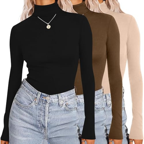 Ekouaer Turtleneck Top Women Multipack Women's Turtleneck Long Sleeve Shirts Lightweight Base Layer Solid Slim Fit Tops 3PCS, Black/Khaki/Brown, L