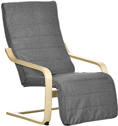 HOMCOM Sessel Wohnzimmer Relaxsessel Loungesessel Ruhesessel mit Armlehnen aus Birkenholz, 5-Fach verstellbare Fußteil, Lesesessel mit Leinenoptik, Polstersessel für Schlafzimmer, Grau