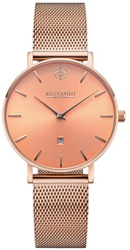 Kistanio Petit Damenuhr mit Milanaiseband Datum Edelstahl Rose Peach Saphirglas RG-PE-M