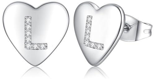 Ohrringe Silber 925 Ohrstecker Silber 925 für Damen Mädchen Kinder, Klein Herz Ohrringe Silber Buchstaben Ohrstecker mit Zirkonia, Schlafen Knorpel Ohrstecker 10mm (silber-L)