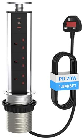 Hanstore Pop Up Socket Pull Pop Up Electrical Plug Socket with 2 Type-C & 1 USB Charging Ports 3 Plug Extension Desk Power for Kitchen Worktops Home Office, Chrome