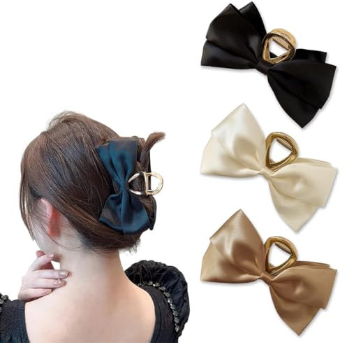 GGUFAY 3 Mollette Capelli Donna, Mollettone con Fiocco a Doppio Lato in Metallico, Perfette per Tenere i Capelli in Ordine Facilmente, Antiscivolo (Nero, Beige, Cachi)