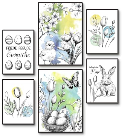 ARTLAND Osterdeko Posterset 6tlg. 4xDIN A4 / 2xDIN A3 OHNE RAHMEN Frühling Ostereier Blumen Hase Küken