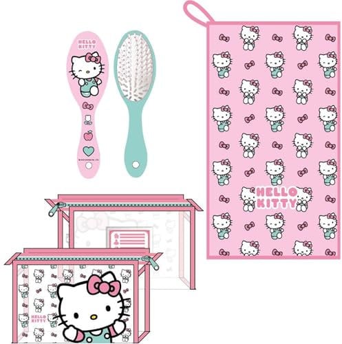 Trousse de Toilette de Voyage avec Peigne, Serviette et Sac Hello Kitty - Trousse de Toilette Hello Kitty pour Voyage ou école, Rose, Trousse de Toilette Transparente avec Fermeture éclair