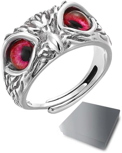HSIXHAF 1 PCS Eulenring mit Einstellbare Öffnung, Ringe für Frauen und Mädchen, Rote Augen, Wednesday, Mit schwarzer Geschenkbox