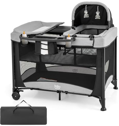 COSTWAY 5 in 1 Travel Cot, Portable Baby Crib Bassinet with Mattress, Diaper Changing Table, Toys and Carry Bag, Folding Infant Playard from Newborn to Toddlers (Black)
