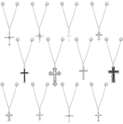 PLIGREAT 12 Stück Strass Kreuz Hutkette Dekorative Broschennadeln Im Vintage Stil Silber Metall Baseballkappe Charm Ketten Für Trucker Mütze Kragen Kleidung Hosen Dekoration