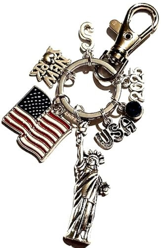 Royal Swan Personalised New York, USA Flag, Statue of Liberty Keychain With the Year, Initial & Birthstone in a Velvet Gift Bag. America, American Keyring.