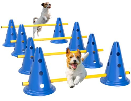 PawHut Dog Agility Equipment Set Four-Piece Adjustable Height, Blue | Portable Pet Jump Training Kit for Eight Cones, Eight Poles with Carry Bag, Jumping Obstacles