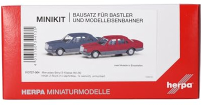 Herpa Model Kit MiniKit Mercedes-Benz S-Class (W126), 2 pieces, miniature at 1:87 scale, collector's item, model kit, plastic, color: sapphire blue & wine red