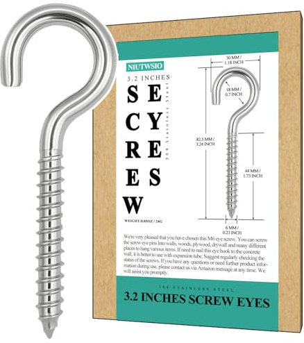 NIUTWSIO 8PCS 304 Stainless Steel 3.2inch Heavy Duty Threaded Eye Hook | Screw In Eyelet Hooks Load 200-250LBS, Eye Bolts Great For Hanging Plants, Lights, Swings, Hammock Stands Indoor & Outdoor