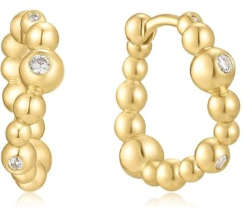 ANIA HAIE Damen Ohrring MELODIC POET Bezel Beaded Curved Huggie Hoop aus 925 Sterling Silber, besetzt mit 6 Zirkonia und Goldperlen, Länge 16mm, inkl. Geschenkverpackung