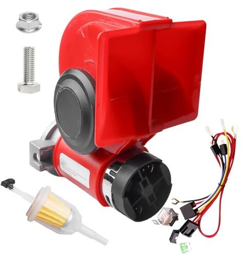 Air Horn Hupe 12V, Air Horn Kit 130db mit Kabelbaum, Super LautHupe für Alle 12V Fahrzeuge LKW Zug Auto van Motorrad (Rot)