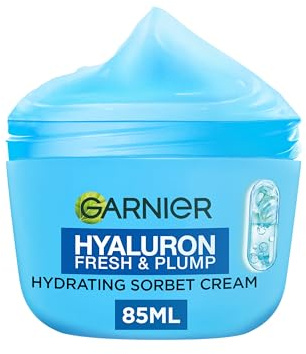 Garnier Hyaluron Fresh & Plump Hydrating Sorbet Cream with Niacinamide 85ml | With 4% Hyaluronic Acid and Niacinamide, Ultra Fresh and Light, For Dehydrated Skin, Cruelty Free International & Vegan