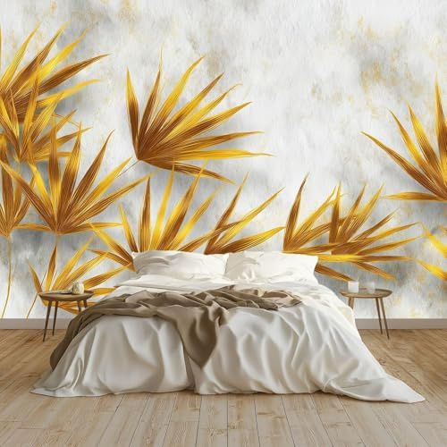 Papier Peint Feuilles Dorées 3D Auto Adhesif Panoramique Mural Moderne Papier Peint en Soie Poster XXL Décoration Murale Salon Chambre 400x280 cm B-1596