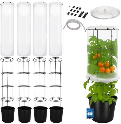 KOTARBAU® Tomatenturm mit Tomatenhaube, Tomaten Rankhilfe, Komplettset, PVC | 4er Set Tomatentopf mit Rankhilfe & Wasserspeicher ⌀ 39 cm + Schutzfolie für Tomatenpflanzen, 153 cm hoch, Gurken Pflanztopf