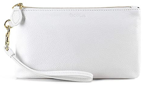 Befen White Leather Clutch Bags for Women, Small Ladies Wristlet Cell Phone Purse Wallet with Detachable Wrist Strap & Zip Closure for Evening, Holiday, Fit Phone 11 or Less 6.5 Inch