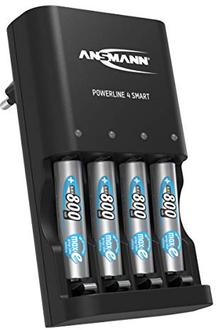 ANSMANN Akkuladegerät mit Repair Modus inkl. 4x 800 mAh NiMH AAA Akkus – Automatik Ladegerät für 4x NiMH AA / AAA Accus & wiederaufladbare Batterien / Mit Einzelschacht Ladung - Powerline 4 Smart