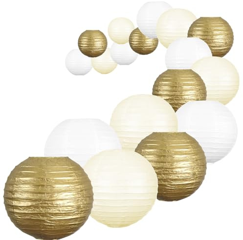 UNIQOOO 18PCS Metallic Gold Paper Lantern Wedding Decoration Set, Assorted Hanging Gold Japanese Paper Lantern, Reusable Easy Assemble, For New Year Christmas Birthday Baby Shower Party Favor Supplies