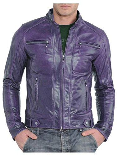 Pelle piuma Mens Abbigliamento Biker Style Moto Viola Giacca In Vera Pelle BK002 Viola L (petto 106.68/109.22 cm)