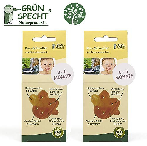 Gruenspecht Bio Schnuller aus Naturkautschuk 0-6 Monate // 2er Set, weiche Schild in Herzform, Kieferorthopädische Form
