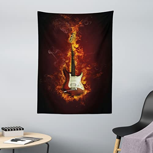 ABAKUHAUS Gitarre Wandteppich, Instrument in Flammen aus Weiches Mikrofaser Stoff Waschbar ohne Verblassen Digitaldruck, 110 x 150 cm, Schwarz Orange