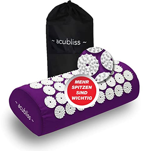 Acubliss Akupressur Kissen – Akupressur Nackenkissen mit 2.142 Noppen gegen Nackenschmerzen, Rückenschmerzen und zum Stressabbau – Mit Beutel – Größe 37 x 15 x 10 cm –Violett