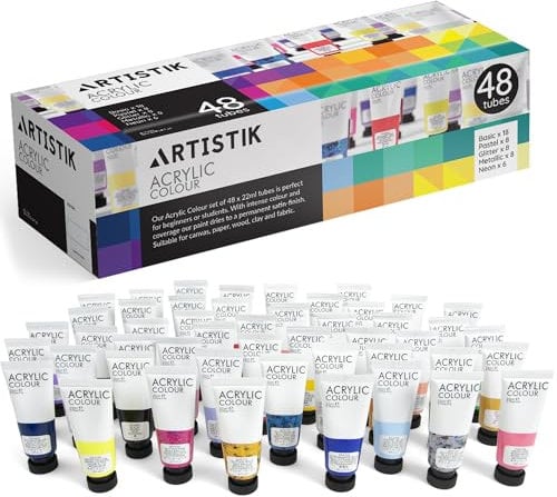 ARTISTIK Acrylic Paint Set - 48 Piece Set (48 x 22ml) Tubes in Rich Vibrant Colours - High-Pigment, Satin-Finish Basic, Neon, Pastel, Metallic & Glitter Colours
