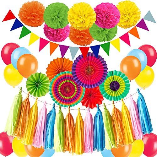 ZERODECO Decorazione di Festa, 21 Pezzi Ventilatori di Carta, Pompons, Bandierine Triangolare, Ghirlande (Multi C)