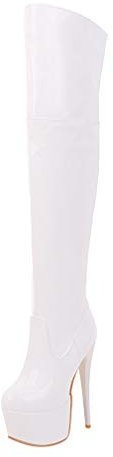 LUXMAX Donna Stivali Alti sopra al Ginocchio Plateau Tacco a Spillo Alto Vernice Scarpe con Il Tacco Altissimo con Cerniera (Bianco) - 35 EU