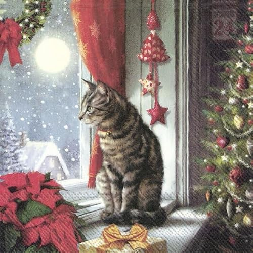 20 Servietten Katze am Fenster als Tischdeko für den Winter und Weihnachten 33x33cm