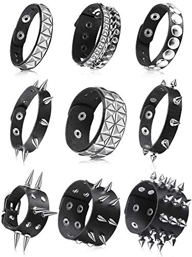 Hicarer 9 Pcs Spiked Studded Bracelet Black Leather Rivet Punk Bracelet Y2k Cuff Wrap Bangle Snap Button Wristband Men Women(Classic Style)