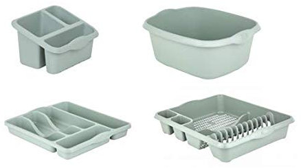 Galleries Wham Set of 4 Plastic Dish Drainer With Sink Tidy,Washing Up Bowl & Cutlery Tray (Silver Sage)
