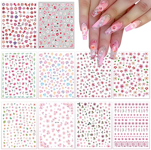 Flowers Nail Stickers Decals,Pink Nail Water Stickers Decals 10pcs,HOINCO Flowers Nail Art Stickers Decals 3D Acrylic for Manicure Tips DIY Summer Decoration