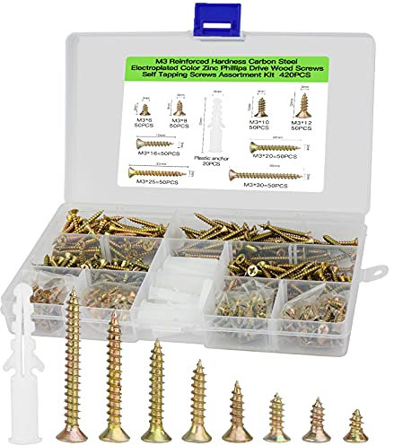 M3 Messing Schrauben für Holz Sortiment Set 420pcs verzinkt Senkkopfschrauben Set Enthält 20pcs M6 Schraubenanker DIY und Tischlerschrauben Set
