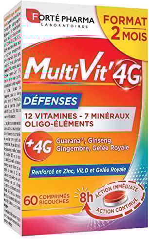 Forté Pharma - Multivit' 4G Défenses - Complément Alimentaire Forme et Tonus - Vitamines, Minéraux - Renforcé en Zinc, Sélénium, Vitamine D, Magnésium - Fatigue - 60 comprimés Bi-couches
