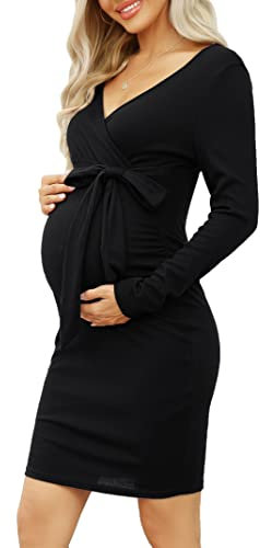 KOJOOIN Robe de maternité à Manches Longues pour Femmes Robe d'allaitement à col en V Robes de Grossesse Robe de soirée au Genou avec Ceinture (Emballage Multiple), A-Le Noir, M