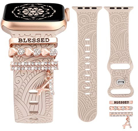 TOYOUTHS Dekorative Ring Armband kompatibel mit Apple Watch Armband Charme 41/40/38/42mm, Damen Glitzer Boho Gravierte Silikon Ersatzarmbänder für iWatch 10/9/8/7/SE/6/5/4/3/2/1, Polarstern/A