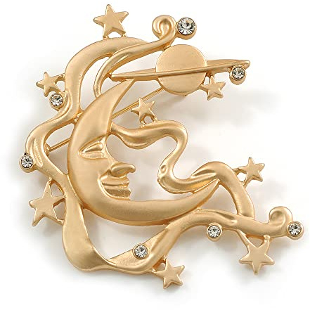 Broche en forme de croissant de lune/d'étoiles en cristal ton or mat – 55 mm de haut, taille unique, Pas de type de métal, diamante