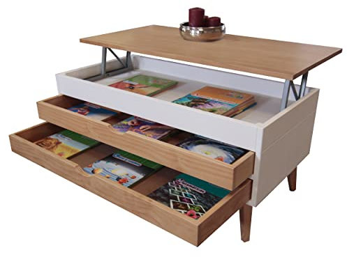 LoMasCasa Couchtisch für Wohnzimmer, höhenverstellbar, Modell Luzia 1 mit zwei ausziehbaren Schubladen in Weiß und Holz, Maße 100 x 50 x 47 cm